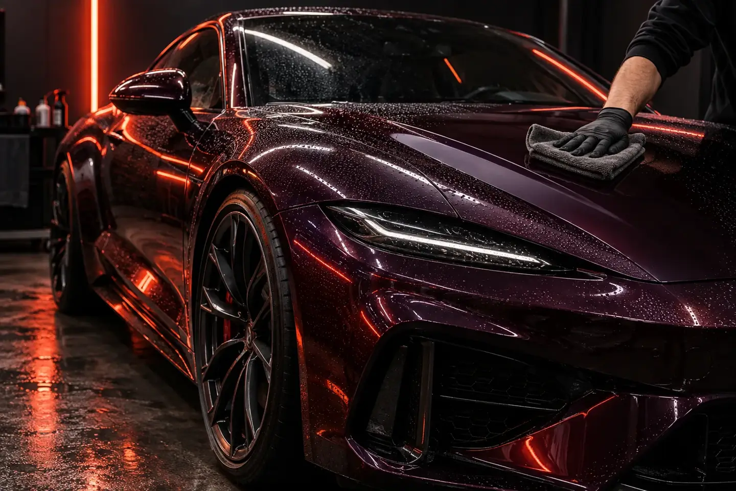 Detailpflege an einem violetten Sportwagen