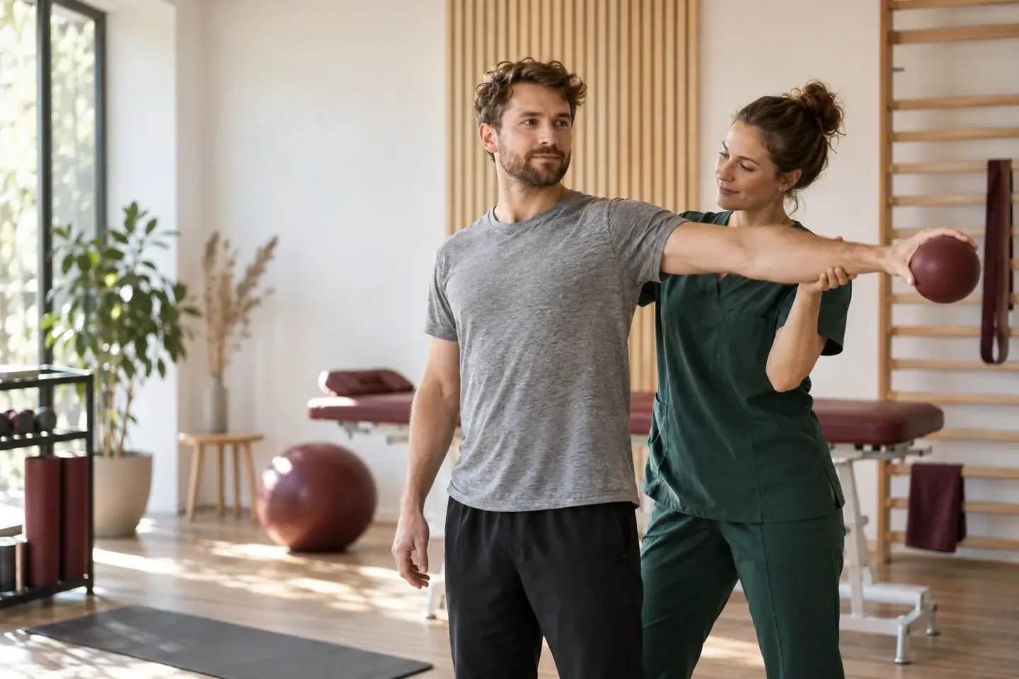 Persönlich begleitete Bewegungsübung in einer hellen Physiotherapiepraxis