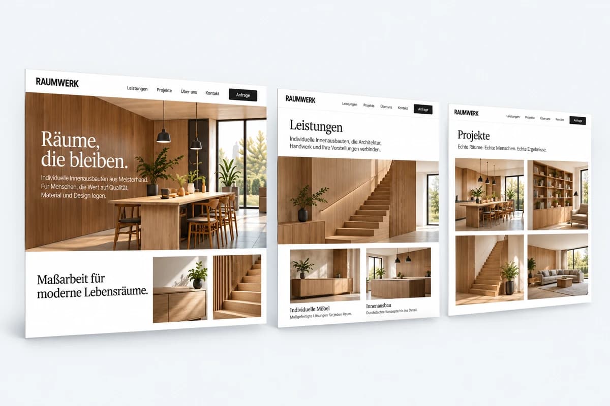 Website mit warmer Innenraumfotografie und klarer Angebotsführung